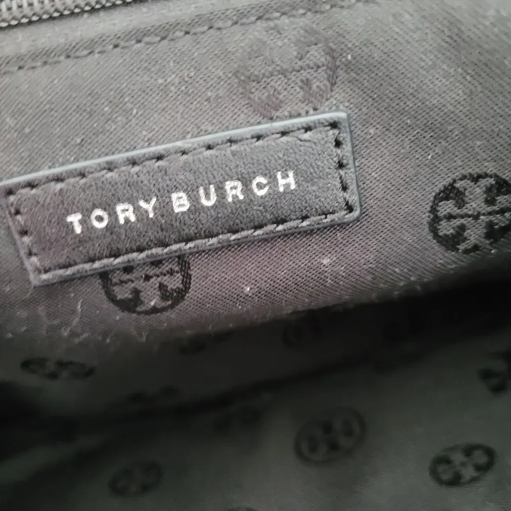 Tory‎ Burch Black Nylon Leather Trim Flap Crossbody Messenger Bag Gold Hardware